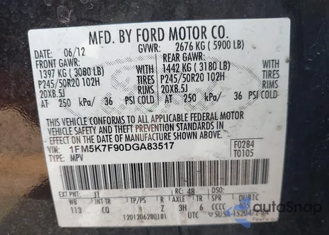 2013 Ford Explorer Limited z USA, uszkodzony, nr VIN 1FM5K7F90DGA83517